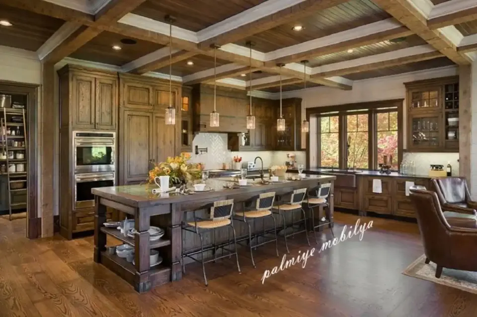 Rustic Dark Wood Kitchen – Large Island with Shelves