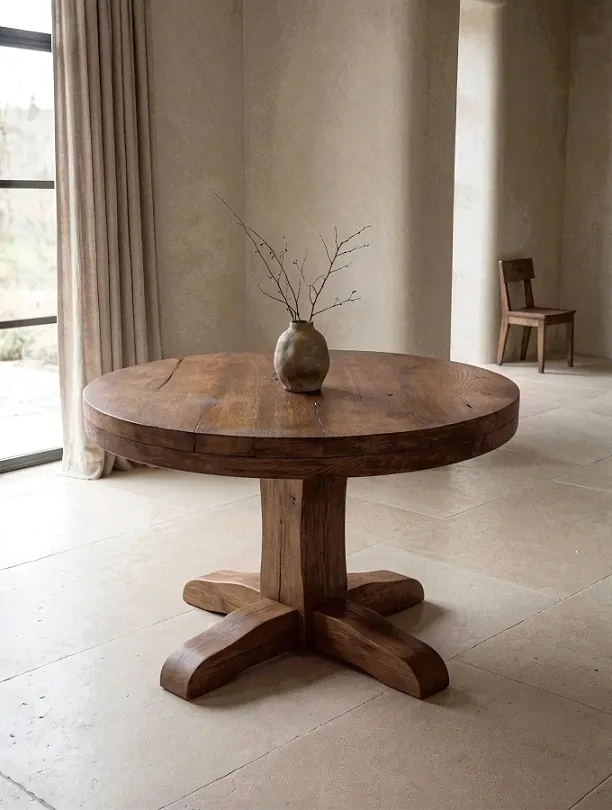 Yuvarlak Ahşap Masa – Kalın Tabla, Çapraz Ayaklı Tek Kaide